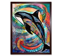 Artery8 Wall Art Print Orca Jumping Out Of Sunset Colour Waves Folk Art Framed in Brown | Size: W12" x H16" Artery8 Brown W12" x H16"