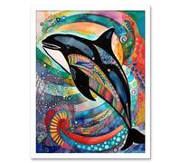 Artery8 Wall Art Print Orca Jumping Out Of Sunset Colour Waves Folk Art Framed in White | Size: W12" x H16" Artery8 White W12" x H16"
