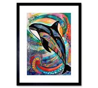 Artery8 Wall Art Print Orca Jumping Out Of Sunset Colour Waves Folk Artwork Framed 9X7 Inch in Black | Size: W7" x H9" Artery8 Black W7" x H9"
