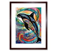 Artery8 Wall Art Print Orca Jumping Out Of Sunset Colour Waves Folk Artwork Framed 9X7 Inch in Brown | Size: W7" x H9" Artery8 Brown W7" x H9"