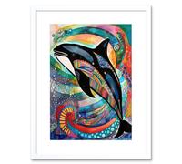 Artery8 Wall Art Print Orca Jumping Out Of Sunset Colour Waves Folk Artwork Framed 9X7 Inch in White | Size: W7" x H9" Artery8 White W7" x H9"