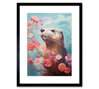 Artery8 Wall Art Print Otter with a Pink Cherry Blossom Branch Elegant Oil Painting Floating on Lake Water with Flowers Artwork Framed 9X7 Inch Artery8 Black W7" x H9"