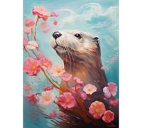 Wall Art Print Otter with a Pink Cherry Blossom Branch Elegant Oil Painting Floating on Lake Water with Flowers Poster Artery8 Blue W24 inch x H32 inch