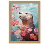 Artery8 Otter with a Pink Cherry Blossom Branch Elegant Oil Painting Floating on Lake Water with Flowers Artwork Framed Wall Art Print A4