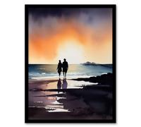 Artery8 Wall Art Print Our Sunrise Stroll Watercolour Painting Orange Purple Blue Lovers Beach Walk At Coastal Landscape Bedroom Art Framed Artery8 Orange W12" x H16"