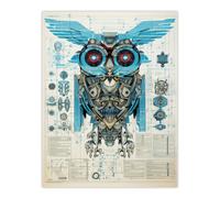 Artery8 Wall Art Print Owl Robot Machine Schematic Diagram Engineering Page Blue Gold Futuristic Technology Design Poster | Size: W12" x H16" Artery8 Blue W12" x H16"