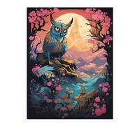 Artery8 Wall Art Print Owl Yokai Concept Art Painting Mythical Folklore Creature Standing Before Warrior in a Cherry Blossom Forest Landscape at Artery8 Multicolor W24" x H32"