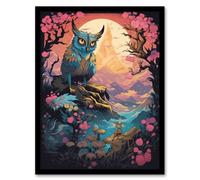 Artery8 Wall Art Print Owl Yokai Concept Art Painting Mythical Folklore Creature Standing Before Warrior in a Cherry Blossom Forest Landscape at Artery8 Multicolor W12" x H16"