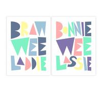 Artery8 Wall Art Print Pack of 2 A4 Scottish Baby Kids Childs Nursery Bonnie Wee Lassie Laddie Boy Girl Pastel Typography Design Living Room s Set Artery8 Multicolor A4