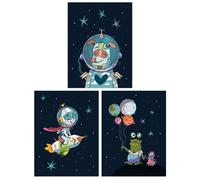 Artery8 Wall Art Print Pack of 3 A4 Astronaut Boy Bedroom Pet Dog & Aliens Fun Space Theme Colourful Living Room s Set Artery8 Multicolor A4