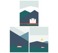 Artery8 Wall Art Print Pack of 3 A4 Geometric Bold Colour Scottish Mountain Countryside House & Castle Landscape Living Room s Set Artery8 Multicolor A4
