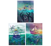 Artery8 Wall Art Print Pack of 3 A4 Kids Bedroom Sailor Sea Pirate Treasure Fun Adventure Colourful Nautical Living Room s Set Artery8 Multicolor A4