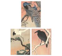 Artery8 Wall Art Print Pack of 3 A4 Ohara Koson Japan Kachō-e Bird & Flower Crow Crane Peacock Japanese Paintings Living Room s Set Artery8 Multicolor A4