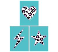Artery8 Wall Art Print Pack of 3 A4 Purple Leopard Pattern Heart Lightning Star Shape On Block Turquoise Living Room s Set Artery8 Multicolor A4
