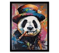 Artery8 Wall Art Print Panda Bear with a Suit Low Top Hat & a Cigar Art Framed in Black | Size: W12" x H16" Artery8 Black W12" x H16"