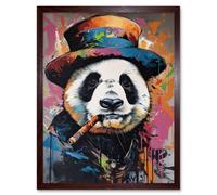Artery8 Wall Art Print Panda Bear with a Suit Low Top Hat & a Cigar Art Framed in Brown | Size: W12" x H16" Artery8 Brown W12" x H16"