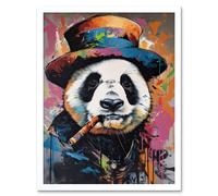 Artery8 Wall Art Print Panda Bear with a Suit Low Top Hat & a Cigar Art Framed in White | Size: W12" x H16" Artery8 White W12" x H16"