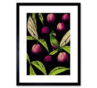 Artery8 Wall Art Print Parrot in Tree Fruit Bright Green & Purple Black Colour Linocut Modern Vintage Artwork Framed 9X7 Inch | Size: W7" x H9" Artery8 Black W7" x H9"