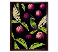 Artery8 Wall Art Print Parrot in Tree Fruit Bright Green & Purple Black Colour Linocut Modern Vintage Art Framed in Brown | Size: W12" x H16" Artery8 Brown W12" x H16"