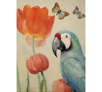 Artery8 Parrot and Tulips Flowers Butterflies Pastel Colour Artwork Floral Spring Oil Painting Extra Large XL Wall Art Poster Print
