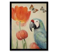 Artery8 Wall Art Print Parrot & Tulips Flowers Butterflies Pastel Colour Artwork Floral Spring Oil Painting Art Framed in Black | Size: W12" x H16" Artery8 Black W12" x H16"