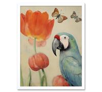 Artery8 Wall Art Print Parrot & Tulips Flowers Butterflies Pastel Colour Artwork Floral Spring Oil Painting Art Framed in White | Size: W12" x H16" Artery8 White W12" x H16"