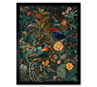 Artery8 Wall Art Print Parrots on Exotic Blooming Trees Modern Folk Art Framed in Black | Size: W12" x H16" Artery8 Black W12" x H16"