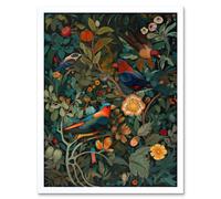 Artery8 Wall Art Print Parrots on Exotic Blooming Trees Modern Folk Art Framed in White | Size: W12" x H16" Artery8 White W12" x H16"