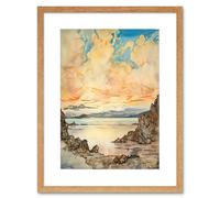 Artery8 Wall Art Print Pastel Colour Atmospheric Cloud Sunrise Over Mono Lake Modern Watercolour Painting Artwork Framed 9X7 Inch | Size: W7" x H9" Artery8 Beige W7" x H9"