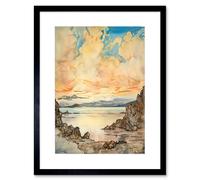 Artery8 Wall Art Print Pastel Colour Atmospheric Cloud Sunrise Over Mono Lake Modern Watercolour Painting Artwork Framed 9X7 Inch | Size: W7" x H9" Artery8 Black W7" x H9"