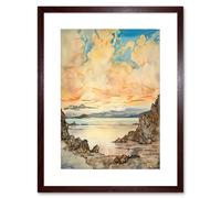 Artery8 Wall Art Print Pastel Colour Atmospheric Cloud Sunrise Over Mono Lake Modern Watercolour Painting Artwork Framed 9X7 Inch | Size: W7" x H9" Artery8 Brown W7" x H9"