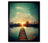 Artery8 Framed Wall Art Path Into The Light Calm Landscape Oil Painting - 12X16 Inch