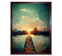 Artery8 Wall Art Print Path Into The Light Calm Landscape Oil Painting Art Framed in Brown | Size: W12" x H16" Artery8 Brown W12" x H16"