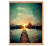 Artery8 Wall Art Print Path Into The Light Calm Landscape Oil Painting Art Framed in Light Oak | Size: W12" x H16" Artery8 Light Oak W12" x H16"