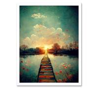 Artery8 Wall Art Print Path Into The Light Calm Landscape Oil Painting Art Framed in White | Size: W12" x H16" Artery8 White W12" x H16"