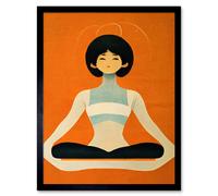 Artery8 Wall Art Print Peaceful Japanese Woman In Yoga Pose Orange Black Quirky Art Framed | Size: W12" x H16" Artery8 Black W12" x H16"