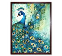 Artery8 Wall Art Print Peacock Bird Concept Folk Art Watercolour Painting Art Framed in Brown | Size: W12" x H16" Artery8 Brown W12" x H16"