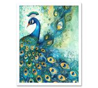 Artery8 Wall Art Print Peacock Bird Concept Folk Art Watercolour Painting Art Framed in White | Size: W12" x H16" Artery8 White W12" x H16"