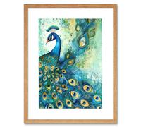 Artery8 Wall Art Print Peacock Bird Concept Folk Art Watercolour Painting Artwork Framed 9X7 Inch in Beige | Size: W7" x H9" Artery8 Beige W7" x H9"