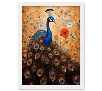 Wall Art Print Peacock Bird Gustav Klimt Style Oil Painting Gold Orange Blue Portrait with Flowers Artwork Framed A4 Artery8 White A4