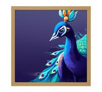 Artery8 Wall Art Print Peacock Peafowl Navy Blue Bird Nature Modern Contemporary Watercolour Painting Square Framed Picture 16X16 Inch Artery8 Light Oak W16" x H16"