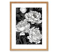 Artery8 Wall Art Print Peony Flower Blooms White on Black Artwork Framed 9X7 Inch in Beige | Size: W7" x H9" Artery8 Beige W7" x H9"