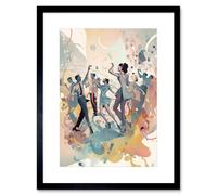 Artery8 Wall Art Print People Dancing to Music on The Dancefloor Modern Soft Pastel Watercolour Painting Artwork Framed 9X7 Inch | Size: W7" x H9" Artery8 Black W7" x H9"