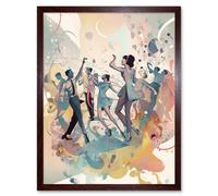 Artery8 Wall Art Print People Dancing to Music on the Dancefloor Modern Soft Pastel Watercolour Painting Art Framed in Brown | Size: W12" x H16" Artery8 Brown W12" x H16"