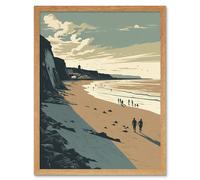 Artery8 Wall Art Print People Walking on Filey Beach Coastal Art Framed in Light Oak | Size: W12" x H16" Artery8 Light Oak W12" x H16"