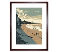 Artery8 Wall Art Print People Walking on Filey Beach Coastal Artwork Framed 9X7 Inch in Brown | Size: W7" x H9" Artery8 Brown W7" x H9"