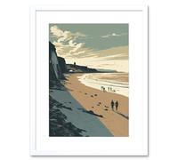 Artery8 Wall Art Print People Walking on Filey Beach Coastal Artwork Framed 9X7 Inch in White | Size: W7" x H9" Artery8 White W7" x H9"