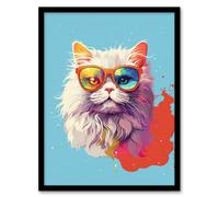 Artery8 Wall Art Print Persian Cat with Retro Sunglasses Gift Pet Portrait Baby Blue Orange Purple Artwork Painting Art Framed | Size: W12" x H16" Artery8 Multicolor W12" x H16"