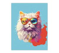 Artery8 Wall Art Print Persian Cat with Retro Sunglasses Gift Pet Portrait Baby Blue Orange Purple Artwork Painting Poster | Size: W12" x H16" Artery8 Multicolor W12" x H16"