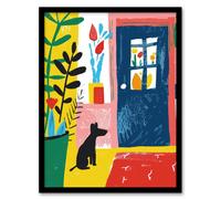 Artery8 Wall Art Print Pet Waiting for Owner Dog Lover Colourful Art Framed Poster in Black | Size: W12" x H16" Artery8 Black W12" x H16"